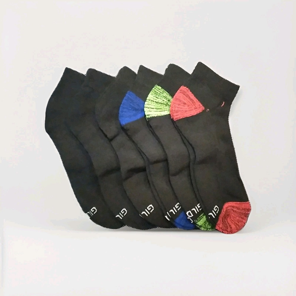 Lot Of 6 Pairs Gildan Black Ankle Low Cut Socks 3pr With Color Toes & Heels